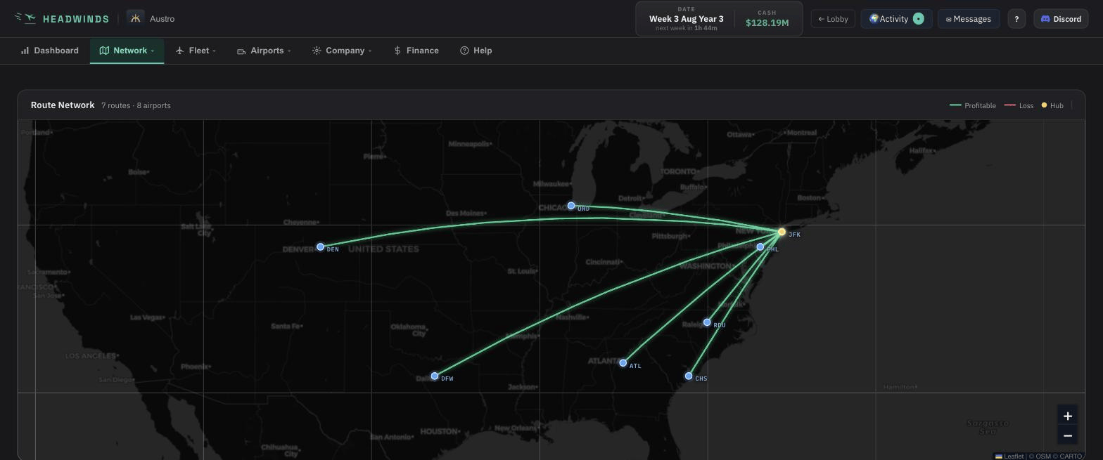 Headwinds gameplay — live multiplayer route network map